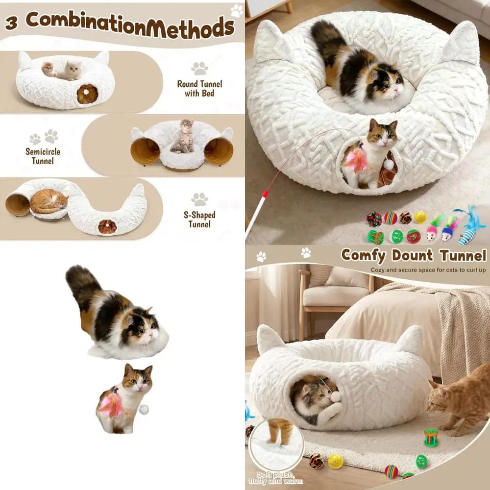 Cuccia a tunnel per gatti da interno con design a ciambella in peluche, 11 giocattoli interattivi e tappetino lavabile, ideale come grotta gioco per gattini e piccoli animali domestici