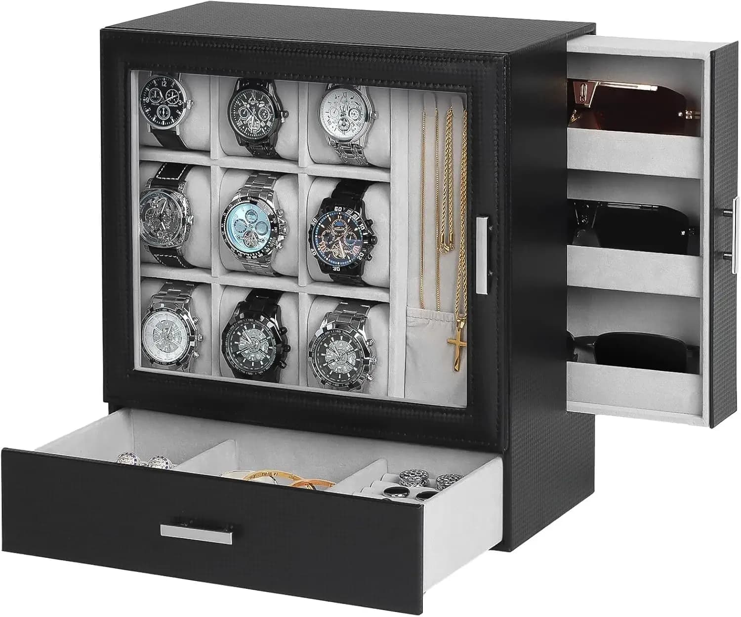 Vertical Exhibitor for Watches with 9 Parts with Door Necklaces, Jewelry Organizer with Drawer and Transparent Cover, Space Saving, Gift Idea