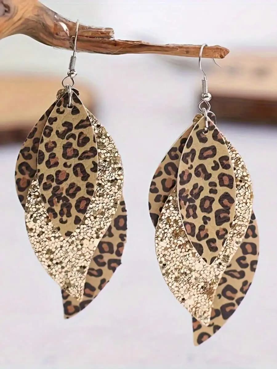 New Vintage Leopard Print Faux Leather Sequined Layered Earrings