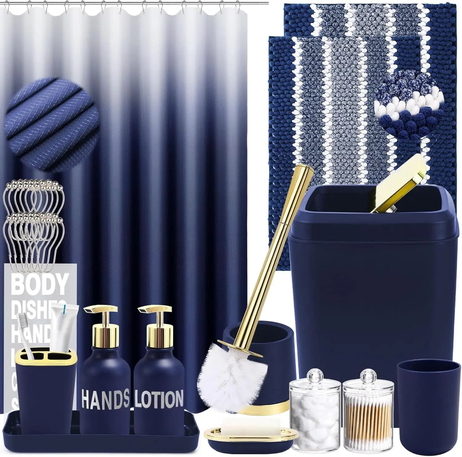 Set di accessori da bagno blu navy da 25 pezzi con tenda da doccia, tappeti, pattumiera, scopino, dispenser di sapone e altro ancora