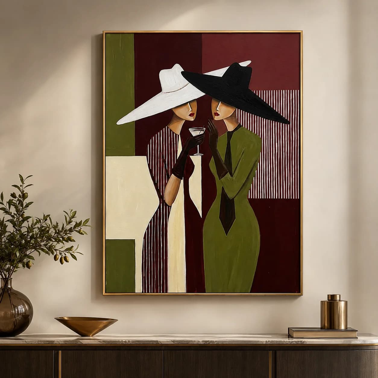 Two Women Oil Painting, Modern Figurative Art, Large Cocktail Wall Art, Original Oil Painting, Olive Burgundy Decor