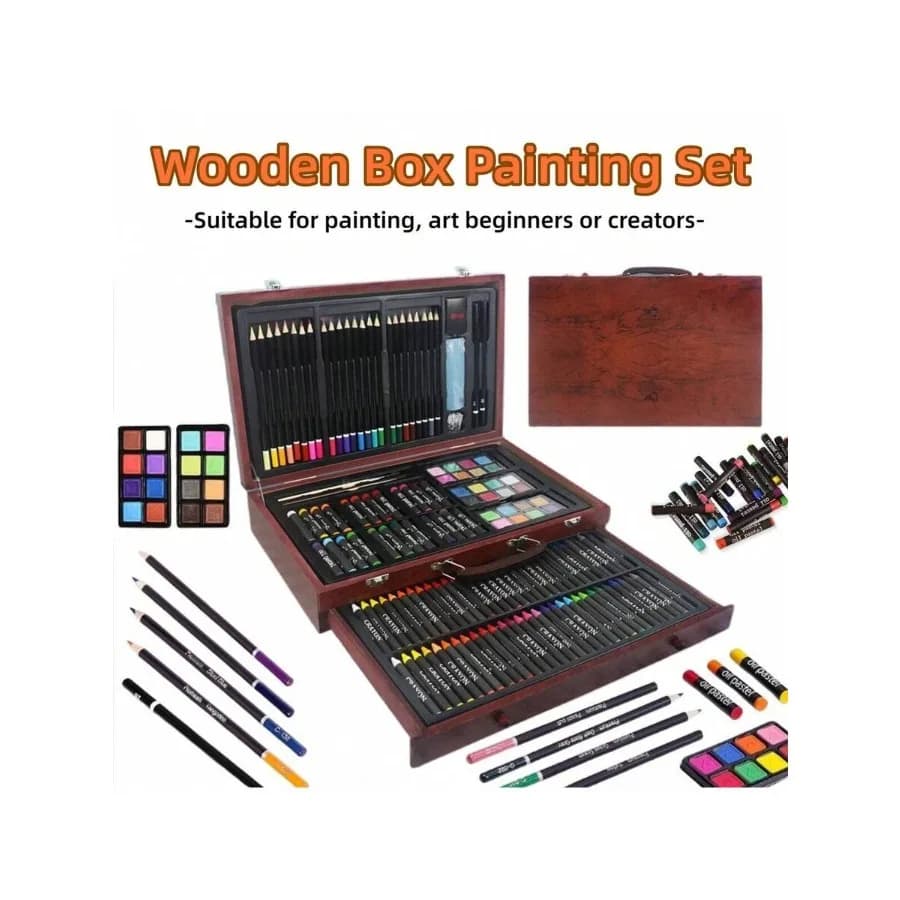 Set di Pittura in Scatola di Legno - 140 Pezzi, Set Artistico Deluxe con Pastelli, Colori Acrilici, Matite Colorate in Valigetta di Legno, Kit Artistico Professionale