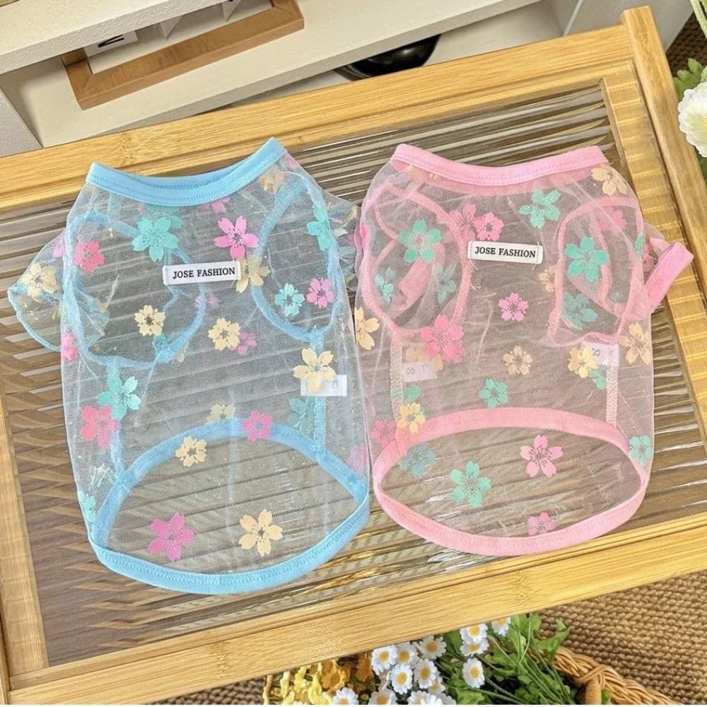 Thin Breathable Cooling Dog Vest Flying Sleeves Floral Print Cat Mesh T Shirt Lightweight Sunproof Dog Sunscreen Clothing Summer