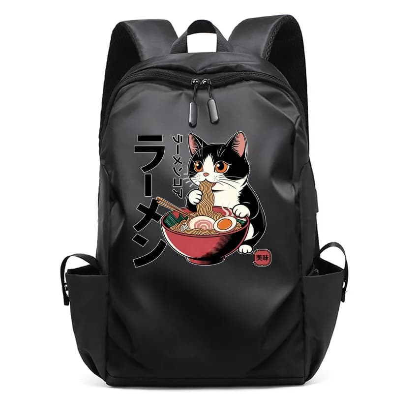 Laptop Usb Backpack School Bag Funny Cartoon Anime Ramen Cat Pattern Printed Rucksack Backbag Male Women Leisure Backpack