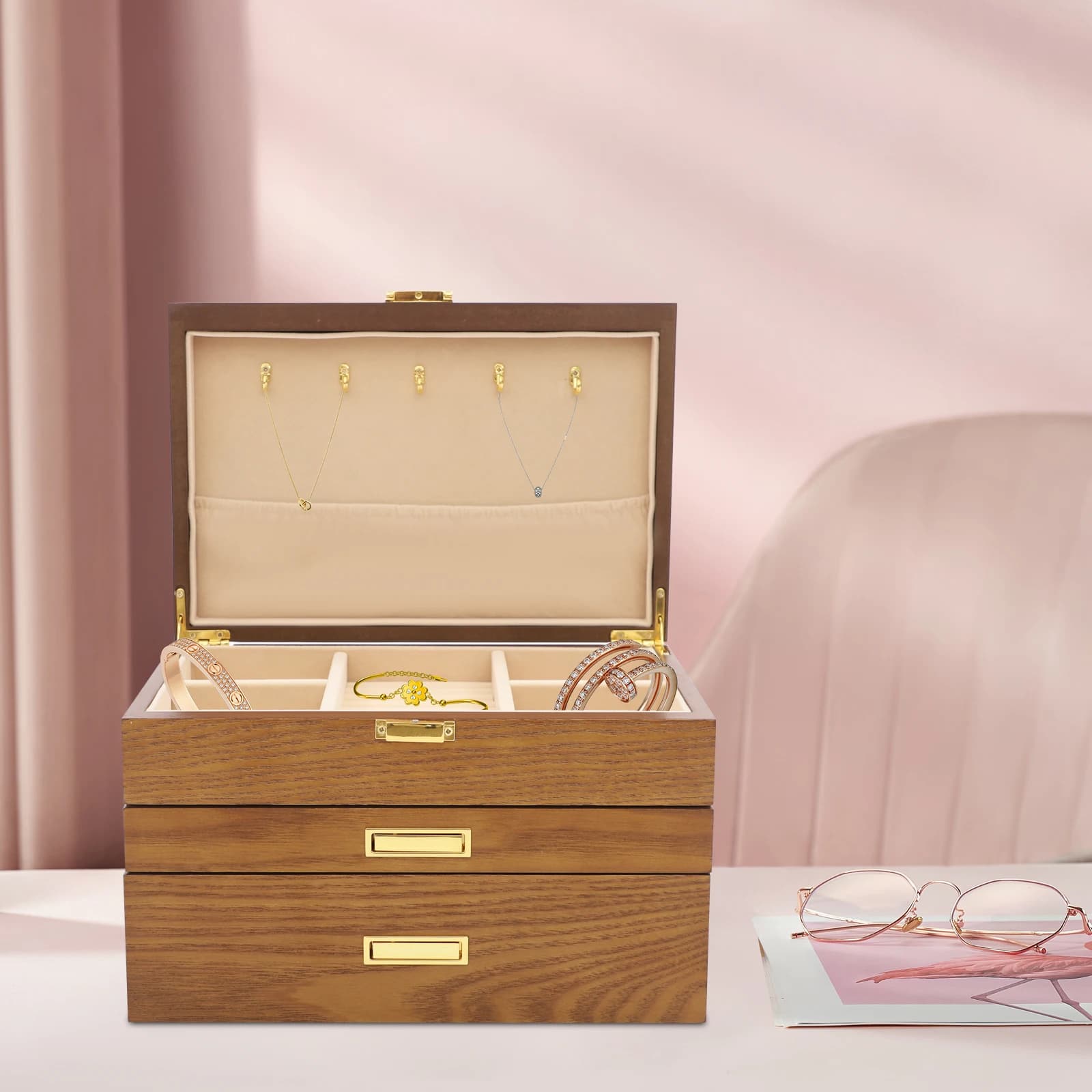 3 Level Jewelry Organizer, Brown Jewelry Organizer with Safe Preservation, Multilayer Earring Display, Compact and Elegant Gift Box