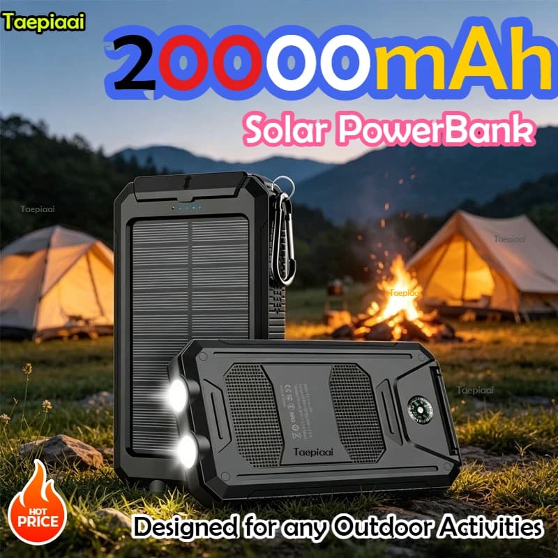 Power Bank Solare Portatile da 20000mAh, Caricabatterie Esterno con Luce LED Potente per Tutti gli Smartphone