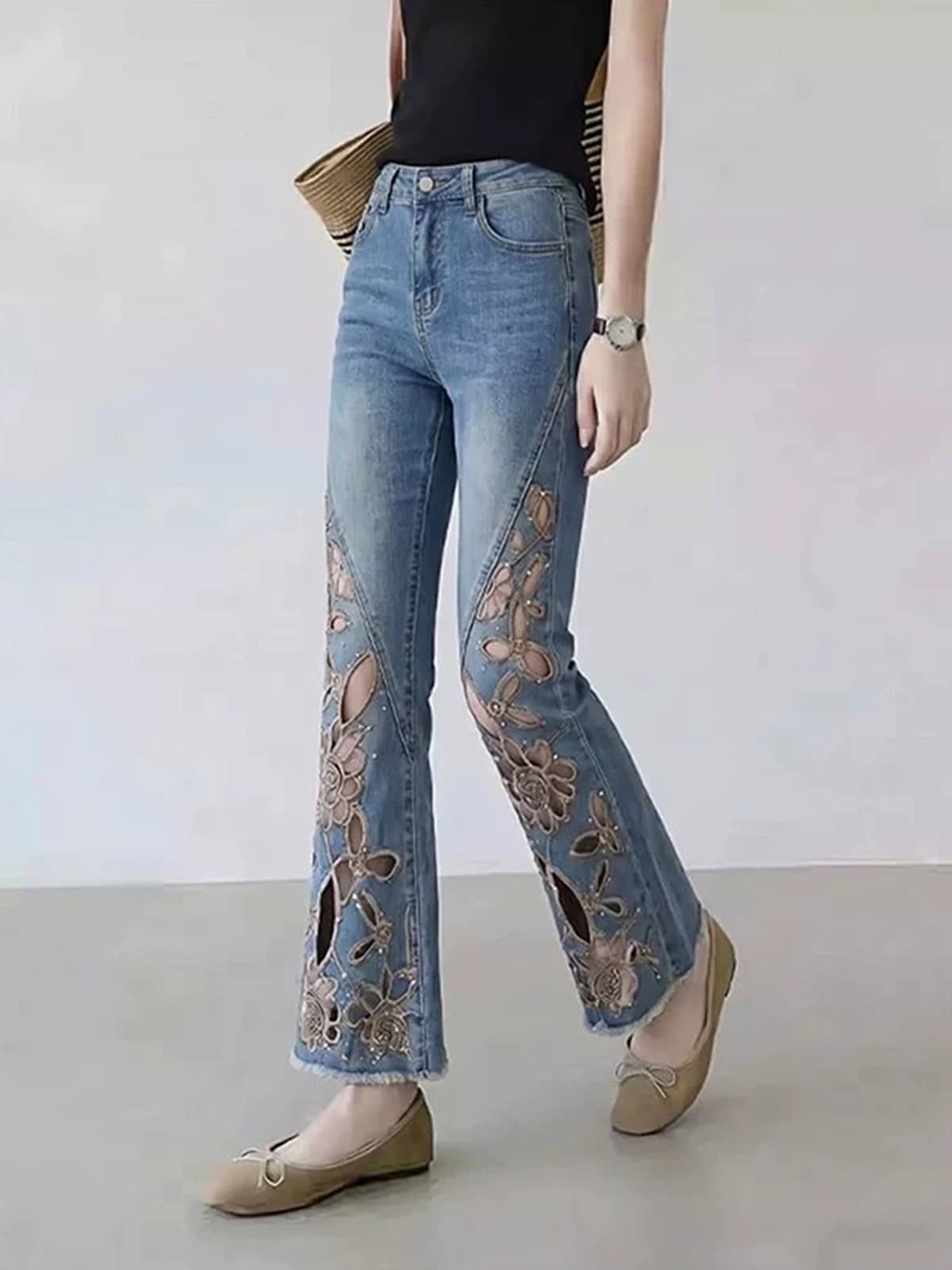Fashionable Embroidered Rhinestone Denim Jeans Women Heavy Industry High Waist Slim Nine Point Micro Flare Pants Summer New A...
