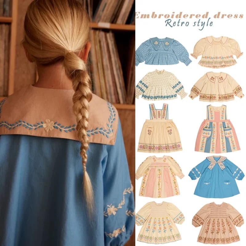 Vestito per Bambine Autunno 2025, Nuova Collezione, Abito Ricamato alla Moda con Maniche a Sbuffo, in Puro Cotone, Stile Dolce e Carino