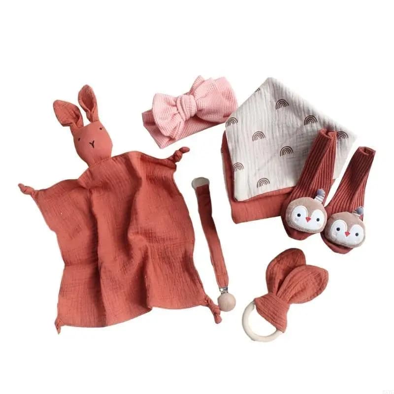 A5YC Asciugamano lenitivo per bambini Calzini in cotone Asciugamano per saliva Massaggiagengive in legno Bowknot Fascia per Set