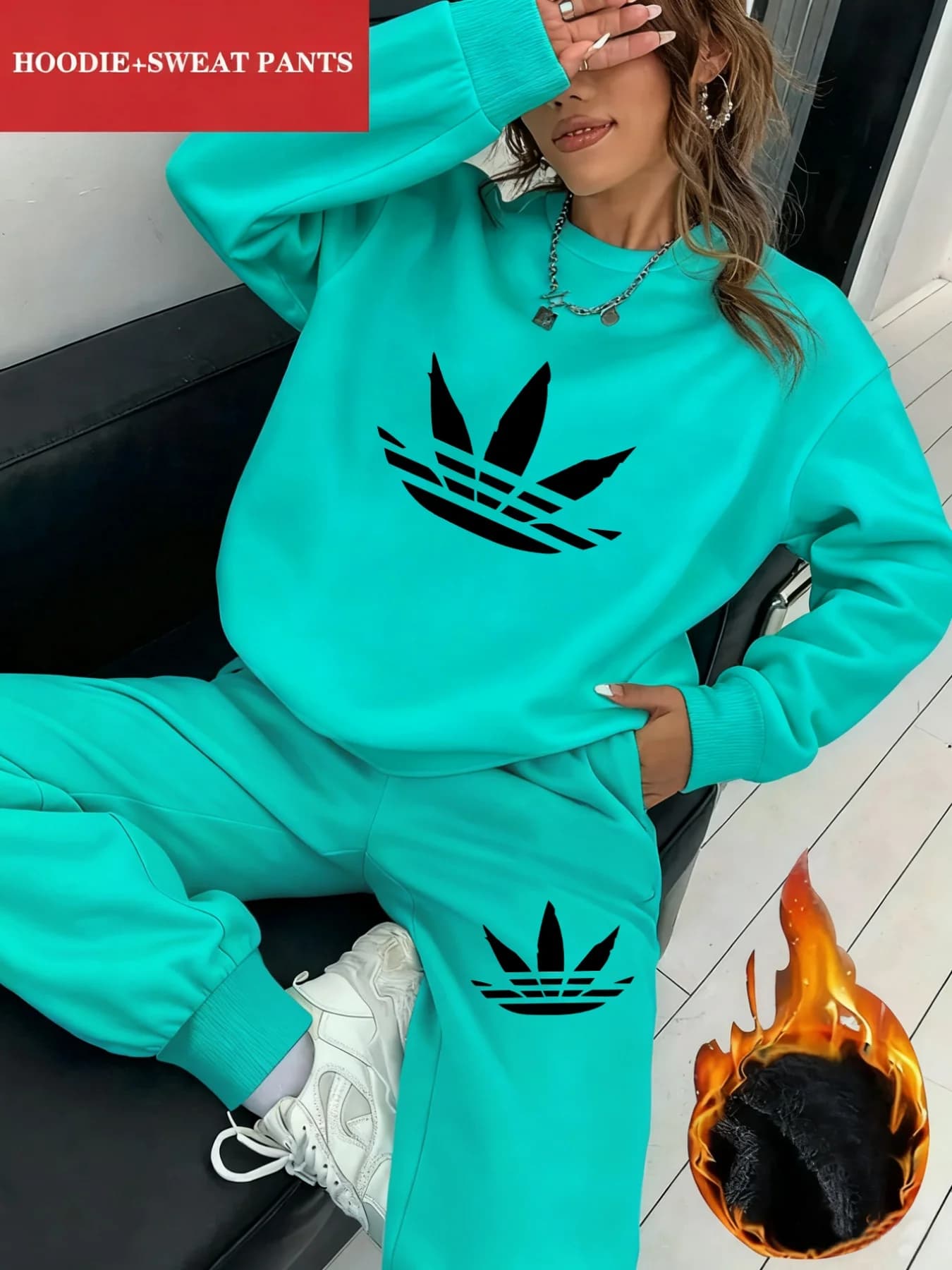 2Pc Creative Printed Y2K Style Autumn and Winter Hot-Selling Women's Fashion Casual Sports Fleece-Lined Crewneck Sweatshirt and Sweatpants Set