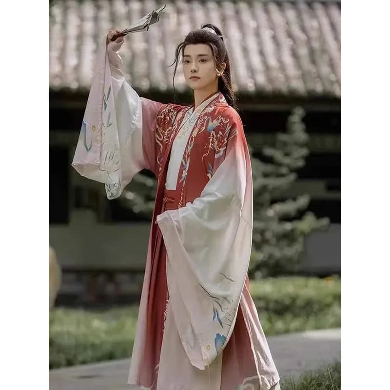 Costume Tradizionale Cinese da Uomo Taglia Grande 2XL, Hanfu Stampato per Carnevale e Cosplay, Sfumatura Rosso e Blu H6,b'8\j'7/