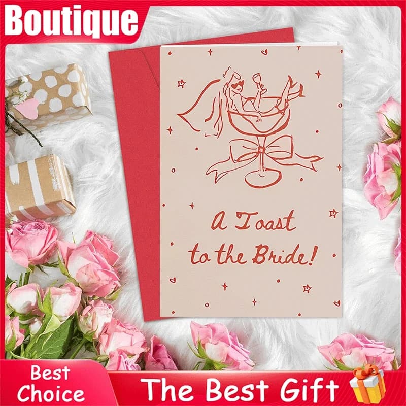 Biglietto d'auguri per addio al nubilato, biglietto a tema 'Un brindisi alla sposa', divertente design con la sposa in un bicchiere di vino