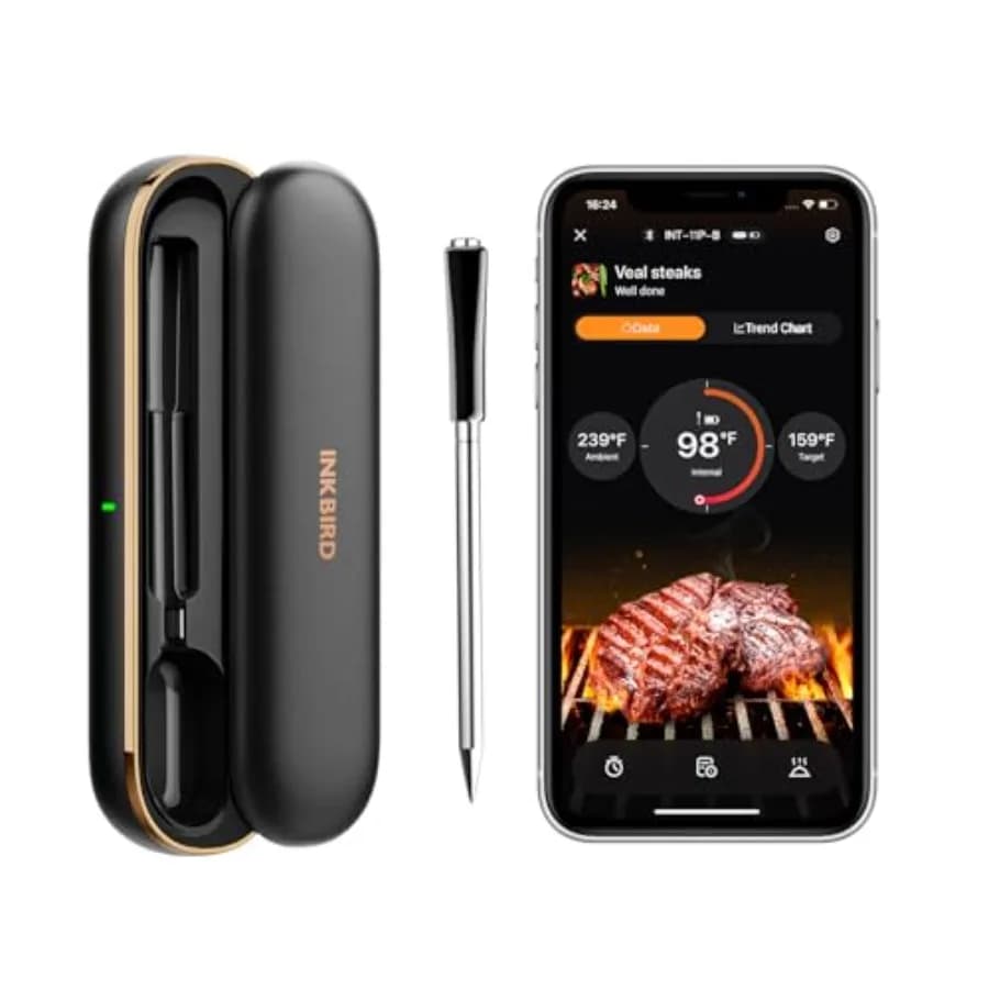 Termometro per Carne Wireless Smart Bluetooth, Sonda per Carne Impermeabile IP67 con Scatola di Ricarica per Esterni