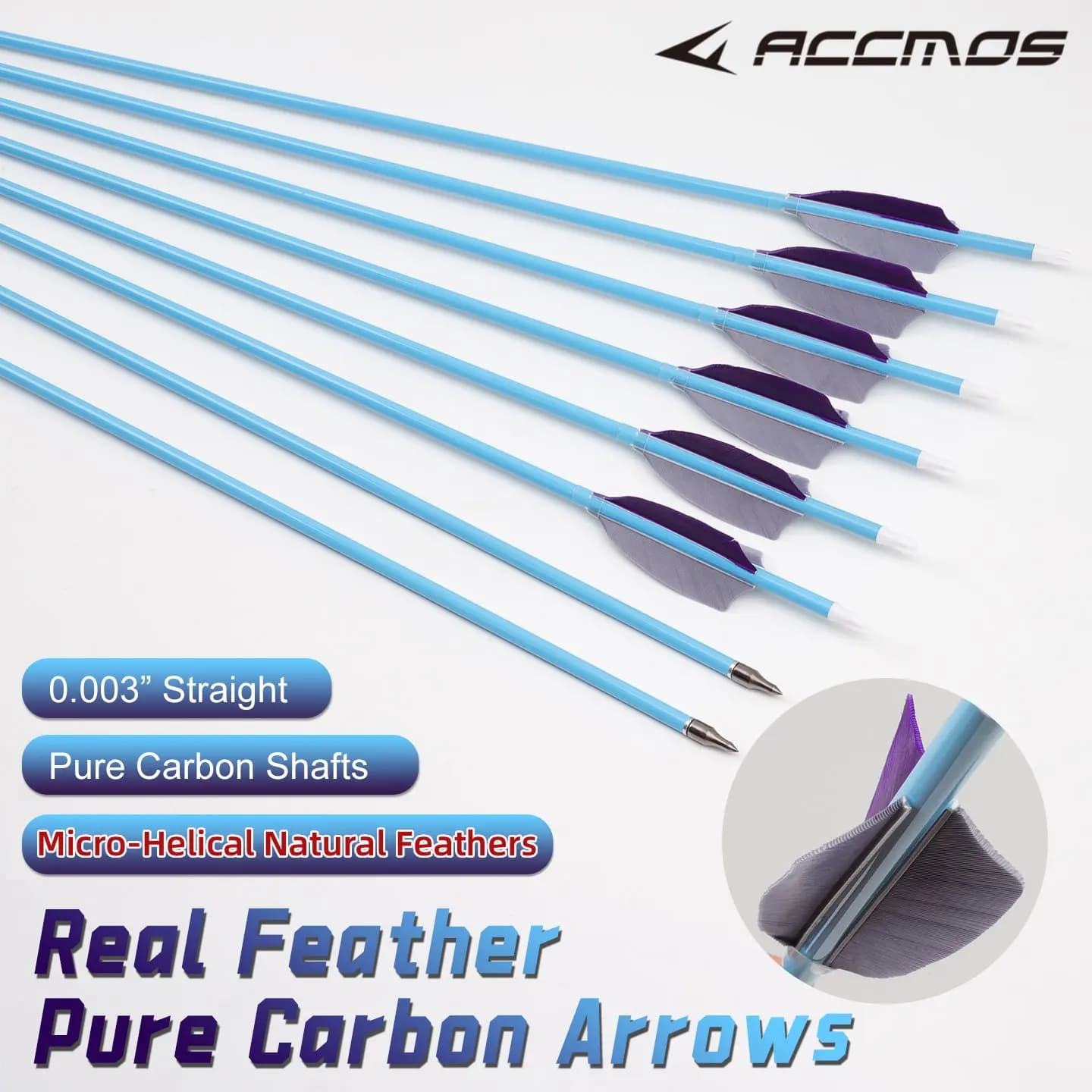 ACCMOS Micro Helical Natural Feathers Carbon Arrows ID6.2mm Spine 250-800 100gn Points Archery Target Practice Shooting