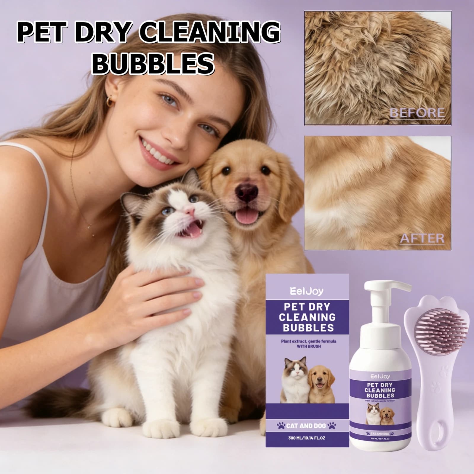 Shampoo Secco per Animali Domestici Senza Acqua con Spazzola Massaggiante, Estratti Vegetali Sicuri, Deodorante, per la Pulizia del Pelo di Cani e Gatti, Senza Risciacquo
