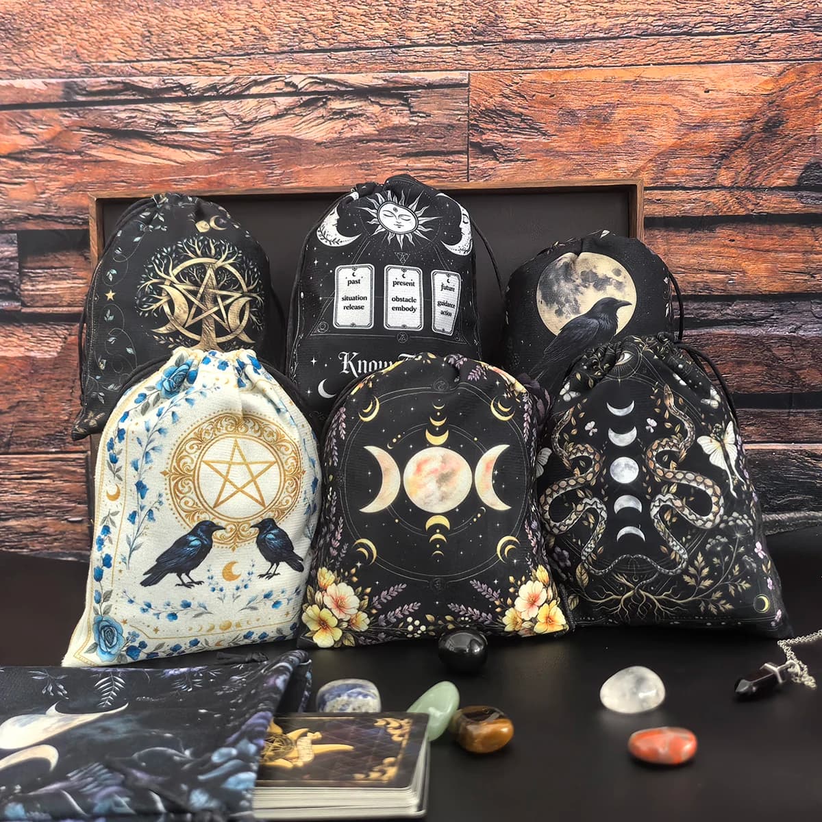 Multifunctional Double-Sided Printed Tarot Oracle Card Bag Triple Moon Drawstring Storage Bag For Gift Bag Jewelry Packaging Bag