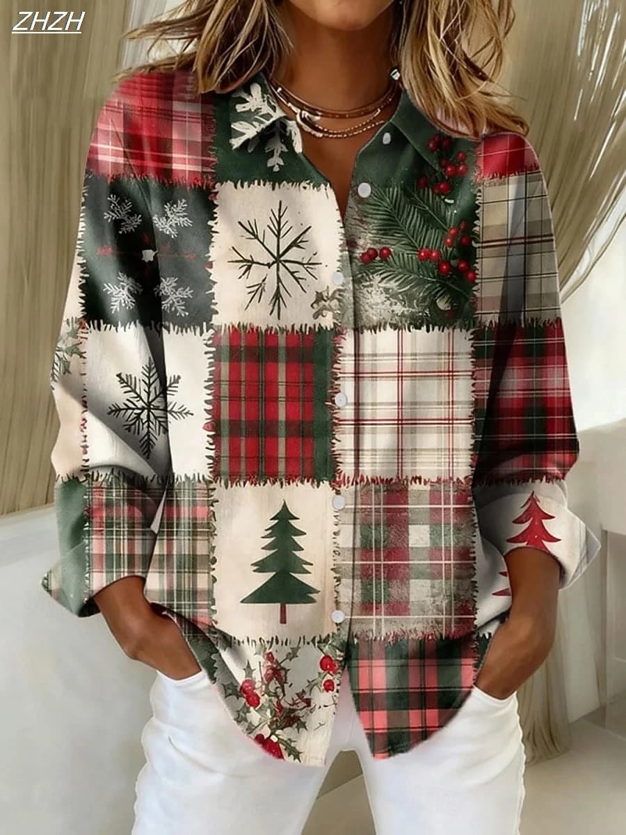 Camicia da donna natalizia camicetta grafica geometrica albero di Natale vintage elegante camicia a maniche lunghe colletto top regolari invernali