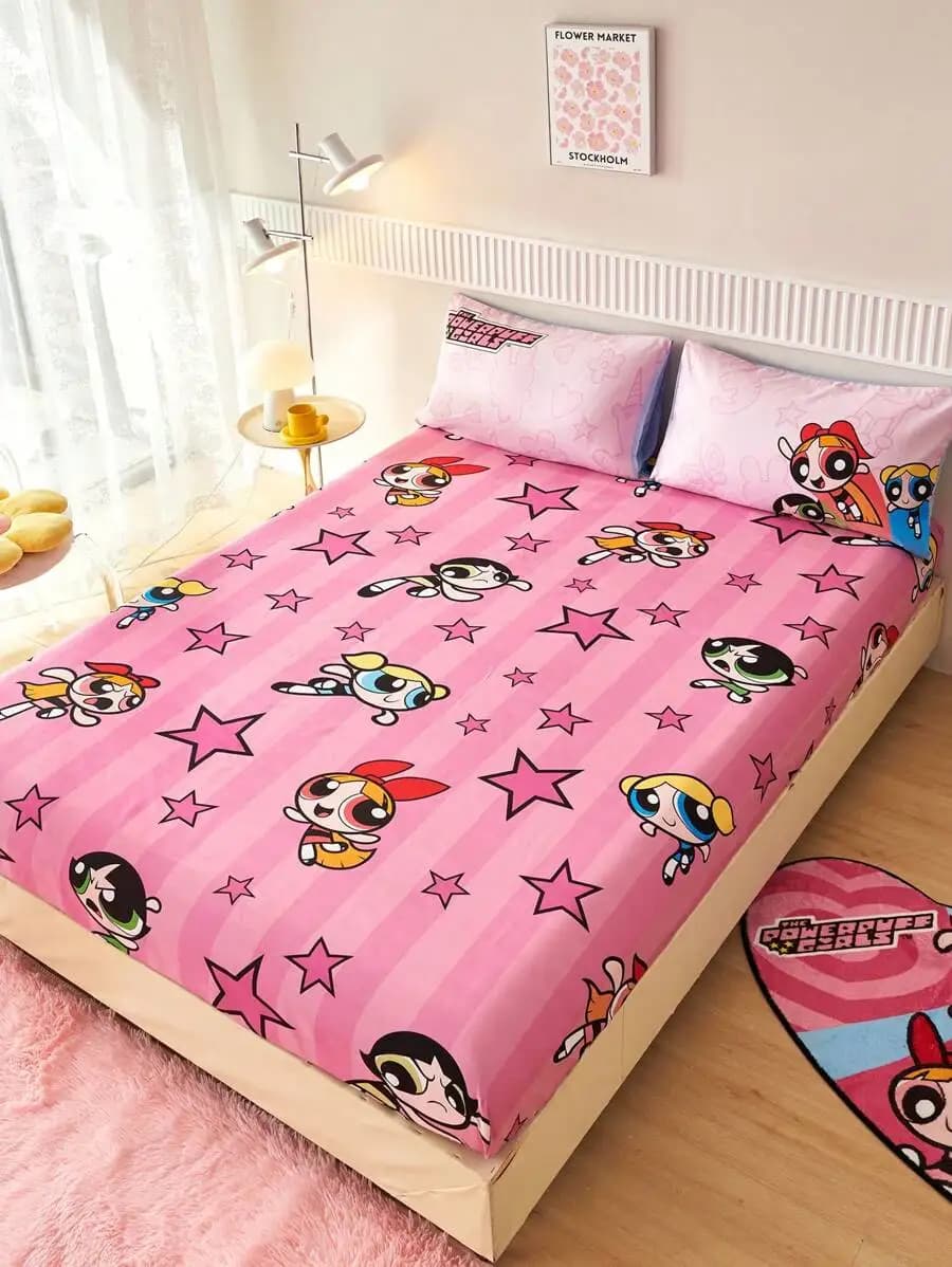 Set of Sheets with Pink Star Pattern and Characters of Cartons, Soft and Breathable Fabric, Washable in Washing Machine