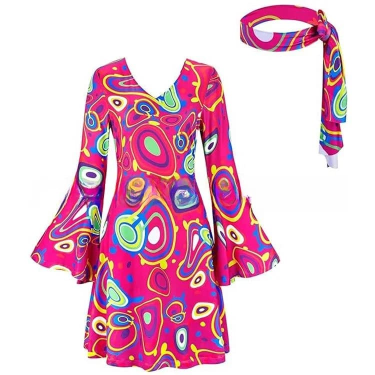 Disco Halloween Role-play Costume 70s Hippie Dress Headscarf Two-piece Set Women's Vintage High-waist Bell-sleeve KTV Gown