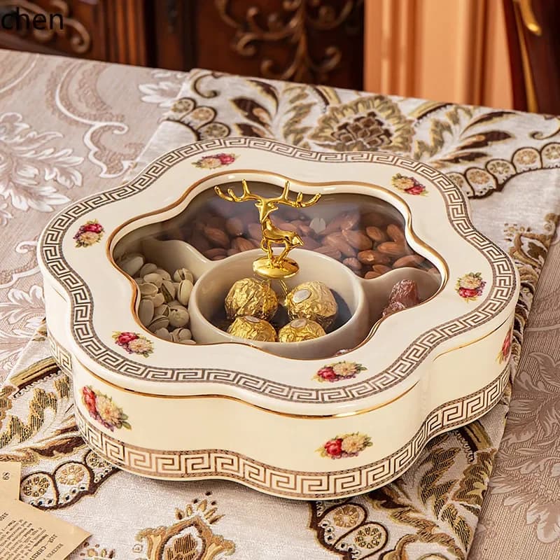 Z30- fruit plate suit living room luxurious high-end ceramic dried fruit box divided with cover wedding nut candy plate
