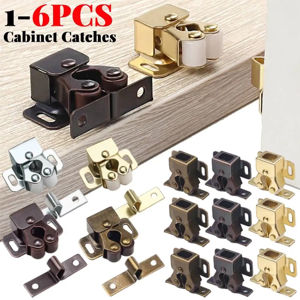 1-6PCS Armadietto in acciaio inossidabile Catture Anti collisione Fermaporta per mobili Doppia ruota a molla fissa Strumento di chiusura per porta dell'armadio