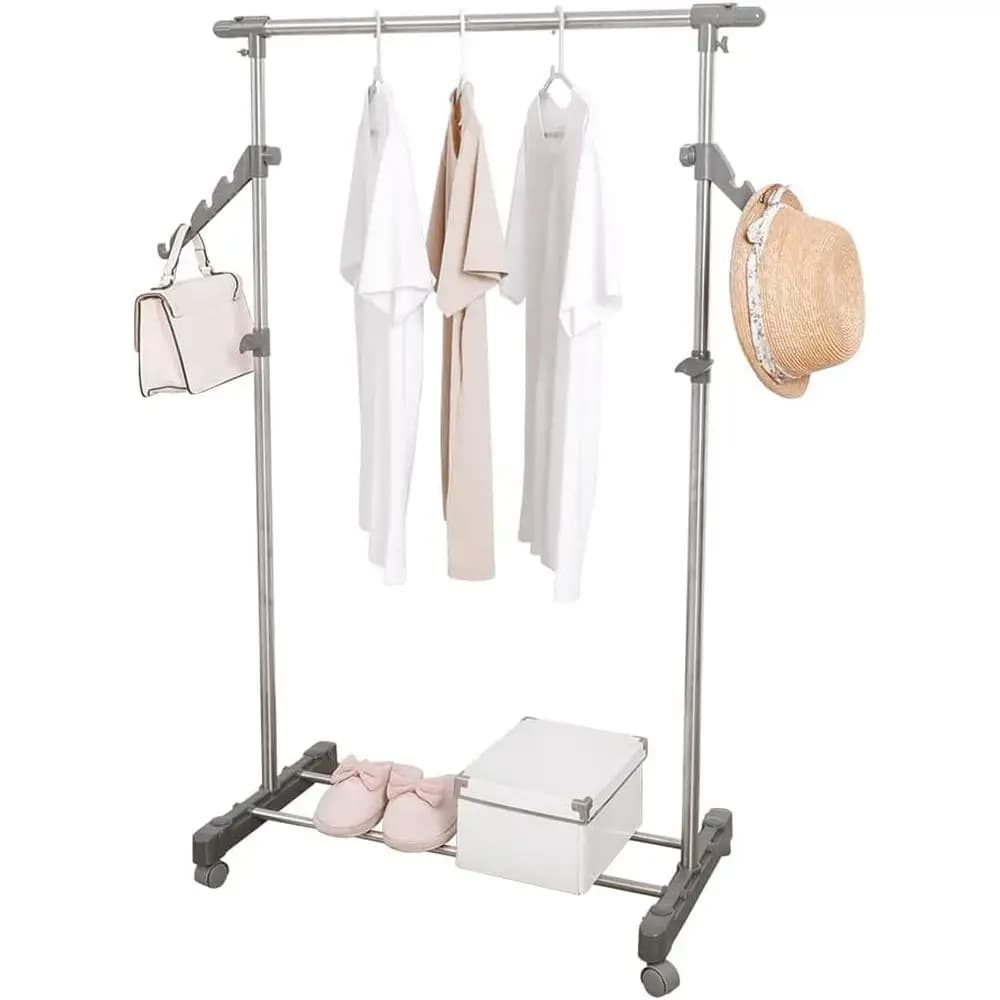 Appendiabiti su Ruote con Asta Singola in Metallo, Espositore per Vestiti e Cappelli, Stand Porta Cappotti e Organizer