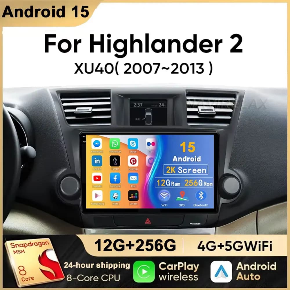 10 "Radio For Toyota Highlander Kluger 2008 - 2014 2 Din Android 15 Autoradio Multimedia Video Player GPS navigation 4G Carplay