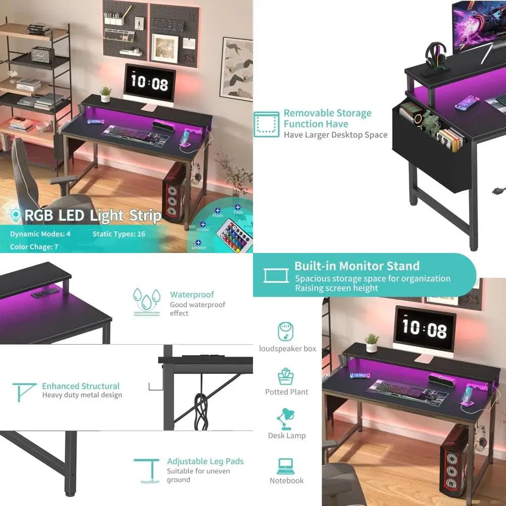 Scrivania per computer da 32 pollici illuminata a LED con prese di corrente e supporto per monitor, ideale per lo studio degli adolescenti e i giochi in ufficio a casa