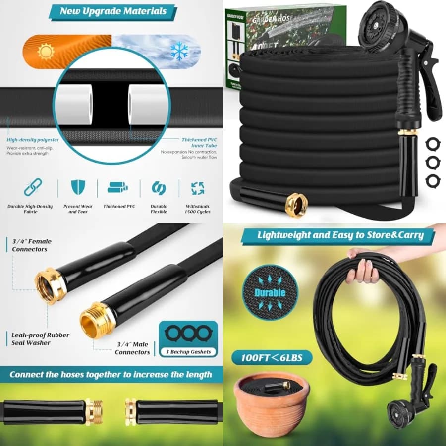 Garden Hose 100Feet, 3/4 GHT Non-Expanding Water Hose Lightweight, Flexible Garden Hose with 10 Function Nozzle, Kink-Free, Stu