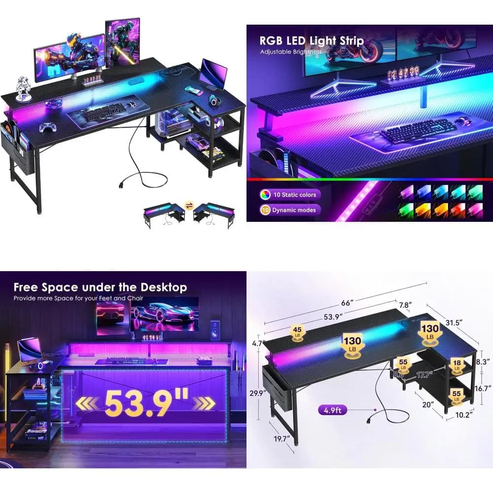 Reversible L-shaped gaming desk with 66 inch USB charging ports, LED lights, storage shelves and monitor support