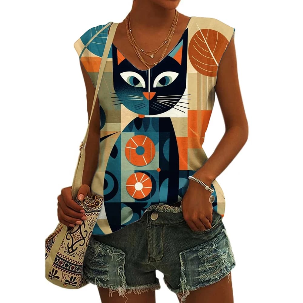 2024 nuove t-shirt senza maniche da donna 3d Abstract Cat Print Vest t-shirt e camicetta con scollo a v allentate magliette di base traspiranti estive