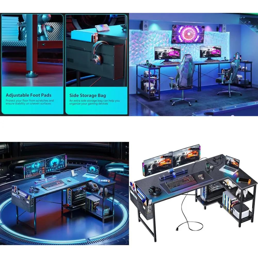 Scrivania da Gaming a L da 55 Pollici con Prese di Corrente, Scrivania Angolare Compatta con Ripiani Reversibili e Supporto PC, Superficie Moderna in Fibra di Carbonio
