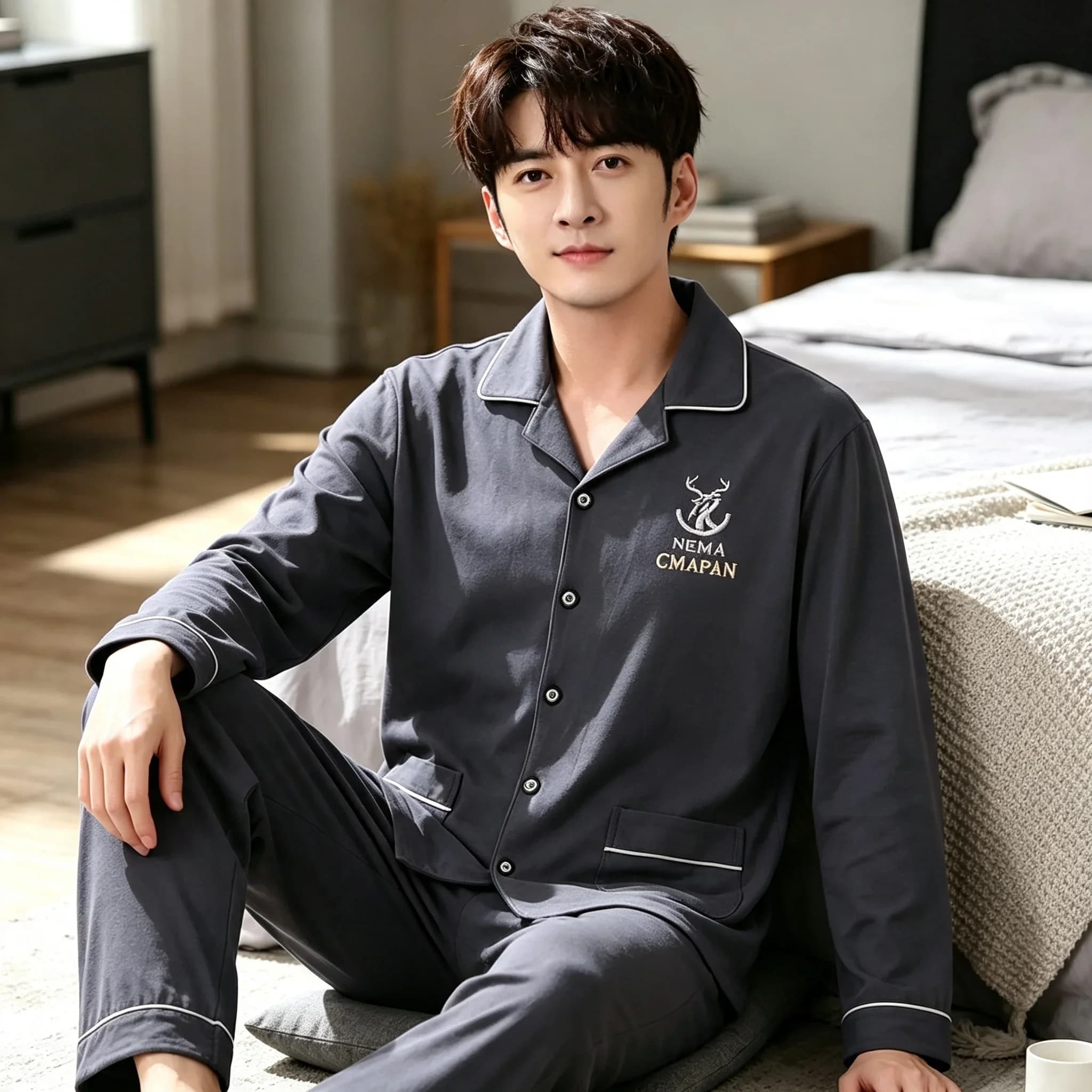 Men's Korean‑Style Minimalist Pajama Set Comfortable Loungewear for Spring Autumn Fashion Stretchy Soft Daily Casual Home Outfit