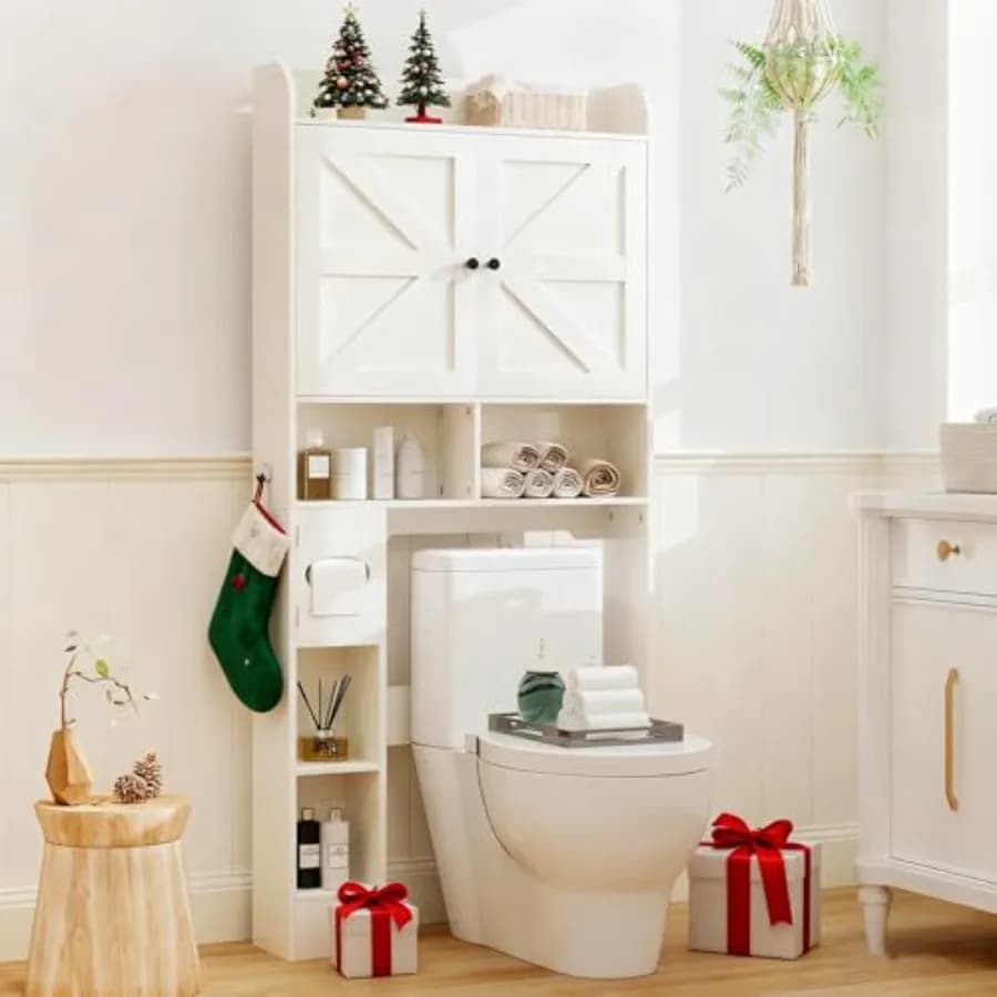 Mobiletto Salvaspazio Sopra il WC 32.3 W, Stile Rustico, con Porta Carta Igienica e Ante Scorrevoli