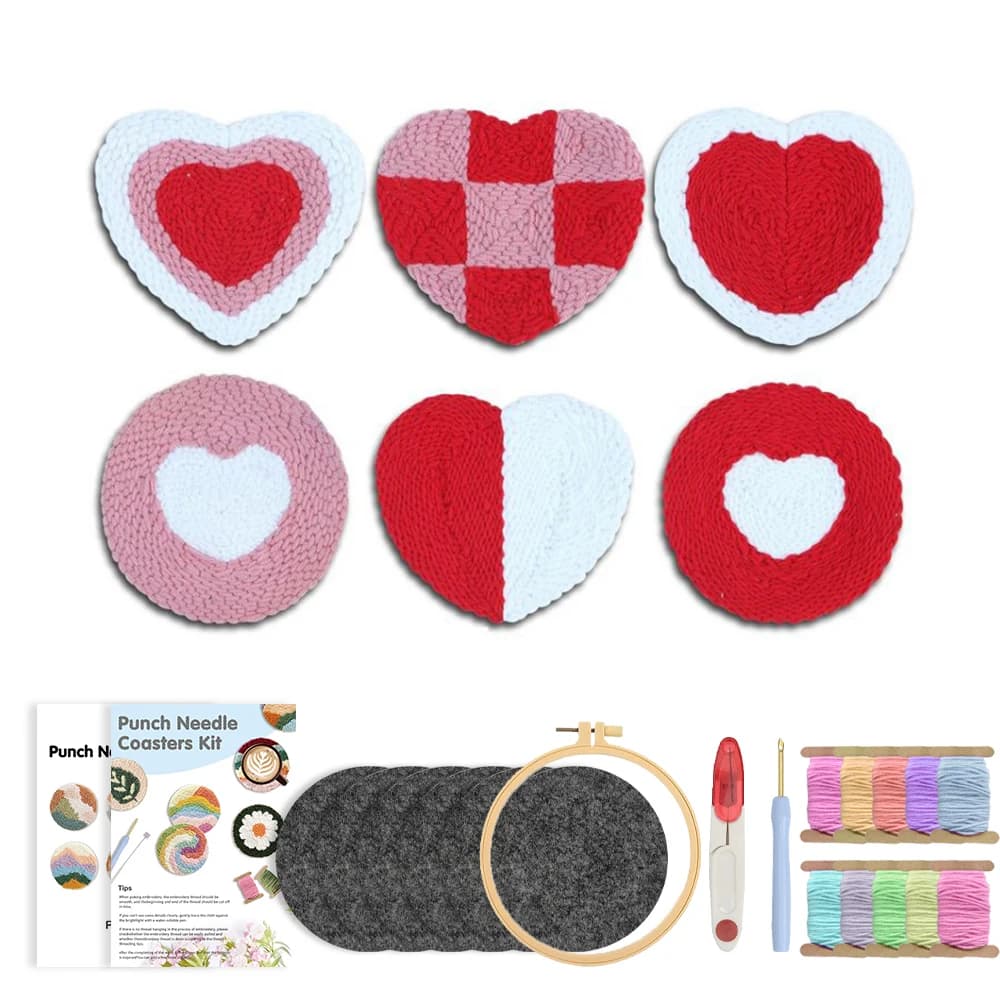 RUOPOTY 6pcs Punch Needle Coaster Love Diy Needle Punch Kit Home Decor Hobby Kits For Adults Landscape Punch Needle Kit For