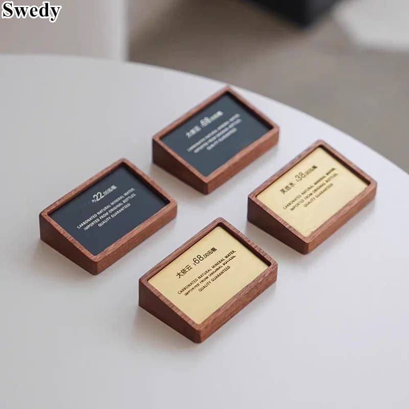 5 Pezzi Porta Cartellini in Acrilico 60x38mm / 78x38mm, Espositore da Tavolo per Nomi, Porta Etichette Inclinati, Porta Prezzi in Legno