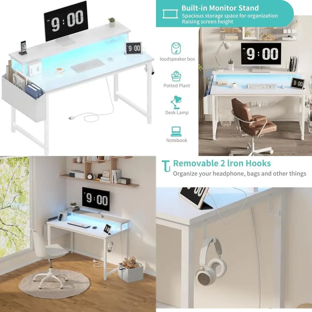 40 LED illuminated white computer desk with power sockets, monitor support and charging station for teen studies and games