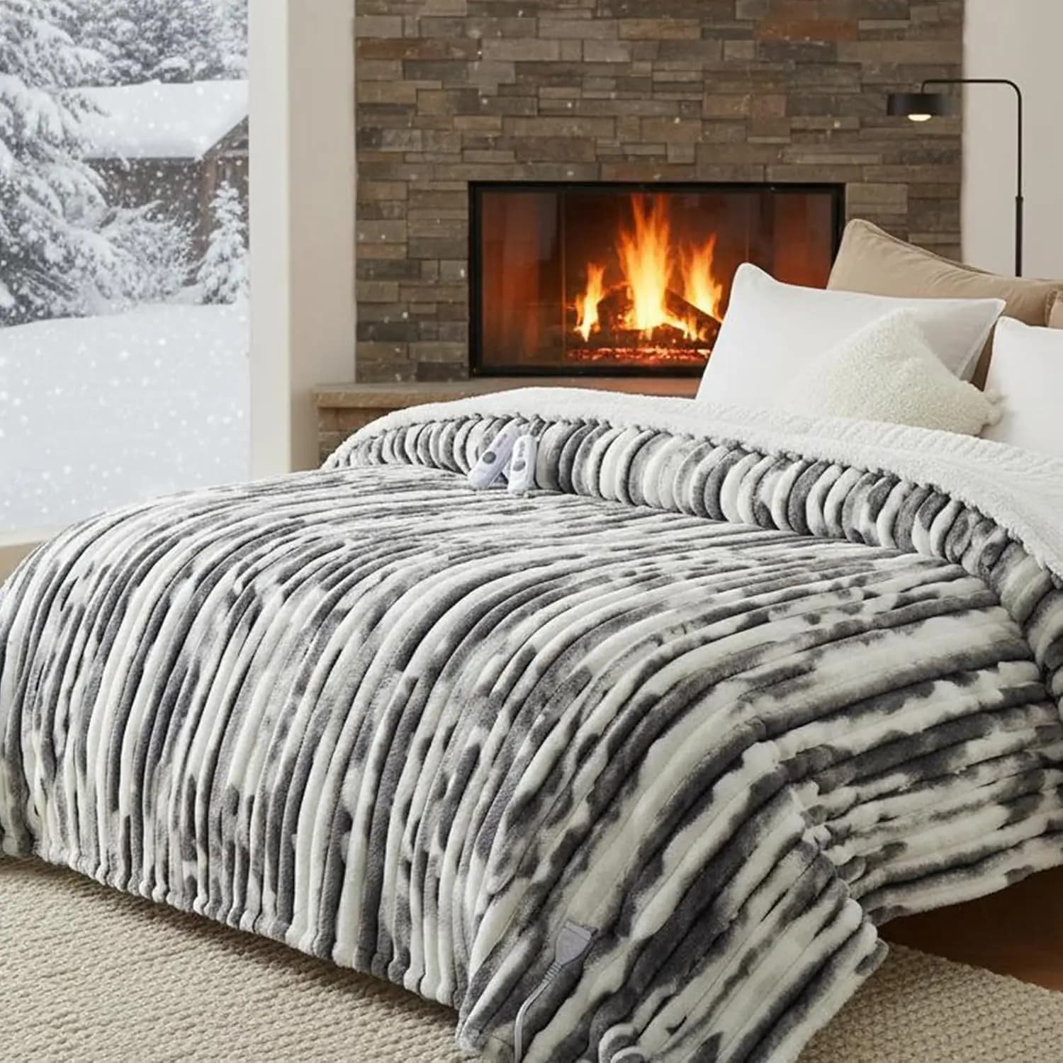 Coperta Riscaldata a Doppio Controllo con Pelliccia Sintetica, 4 Livelli di Calore, Spegnimento Automatico e Lavabile in Lavatrice, Grigio Marmo