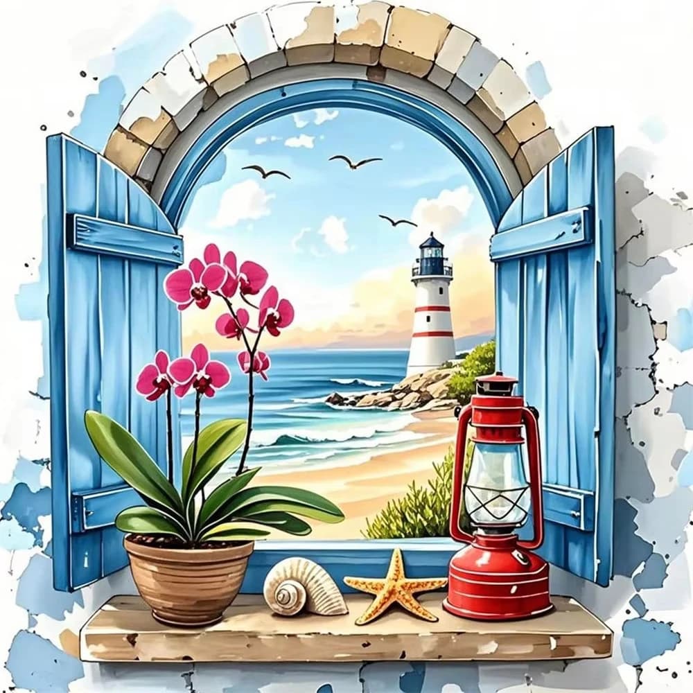 Paint By Numbers Window View Kit Pre Drawn Canvas Acrylic Paint Set Stress Relief DIY Craft Wall Decor Gift for Adults Beginners