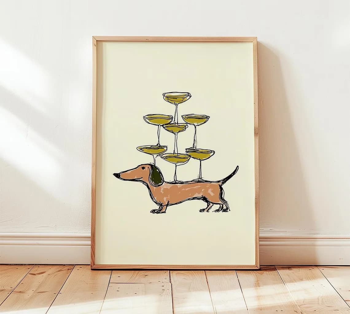 Stampa artistica con Bassotto e Champagne, Arte murale divertente con cani, Poster divertente per l'arredamento del bar, Illustrazione moderna e giocosa per la casa
