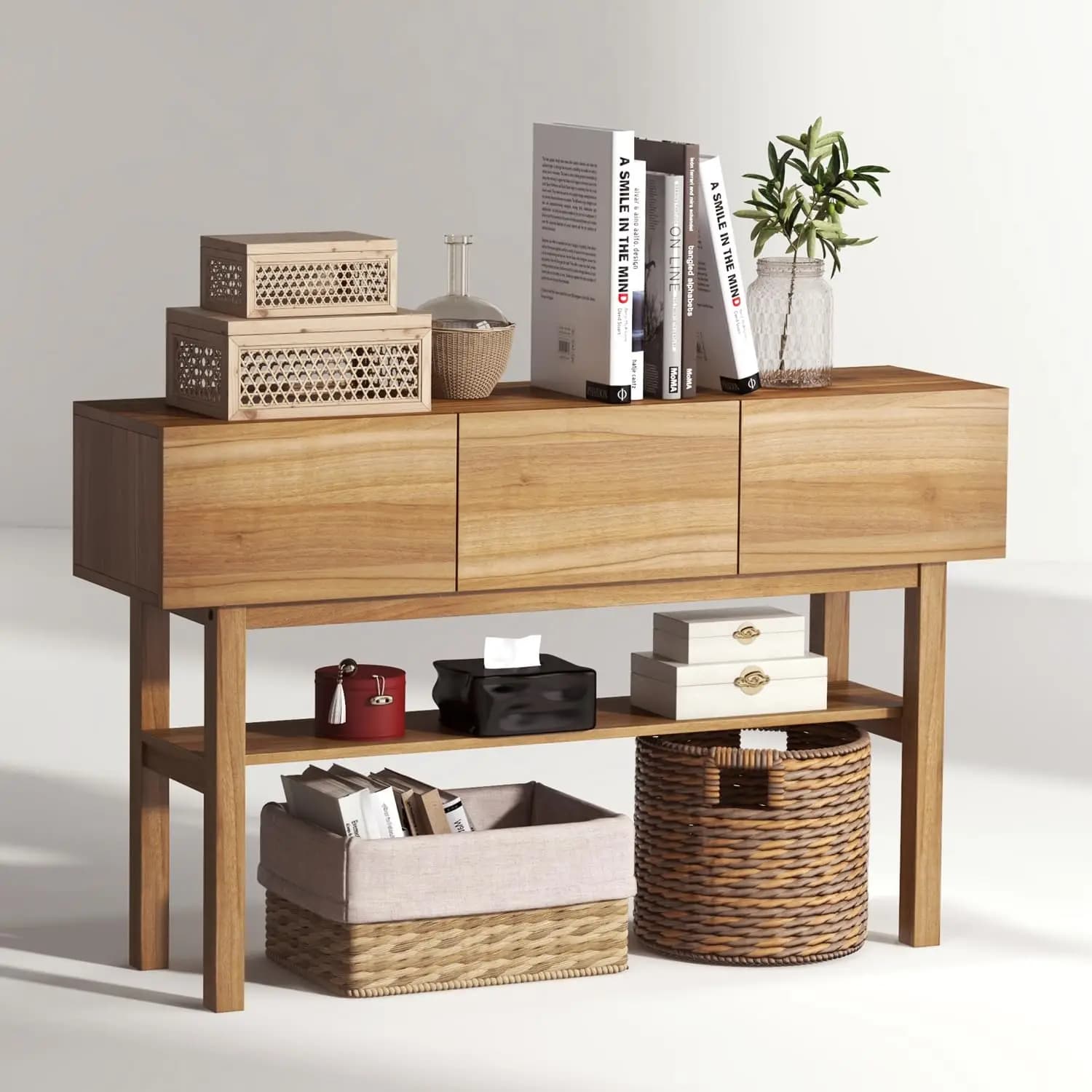 Consolle in Legno con 3 Cassetti e 2 Ripiani, Stile Rustico per Ingresso, Corridoio, Dietro il Divano, Soggiorno, Personalizzabile in Marrone