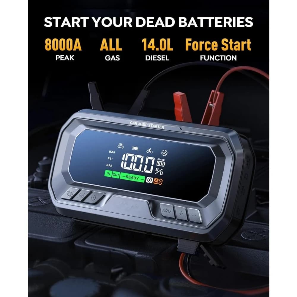 Avviatore d'Emergenza Portatile 12 in 1 con Compressore d'Aria 8000A 160PSI per Tutti i Motori a Benzina e Diesel 14L