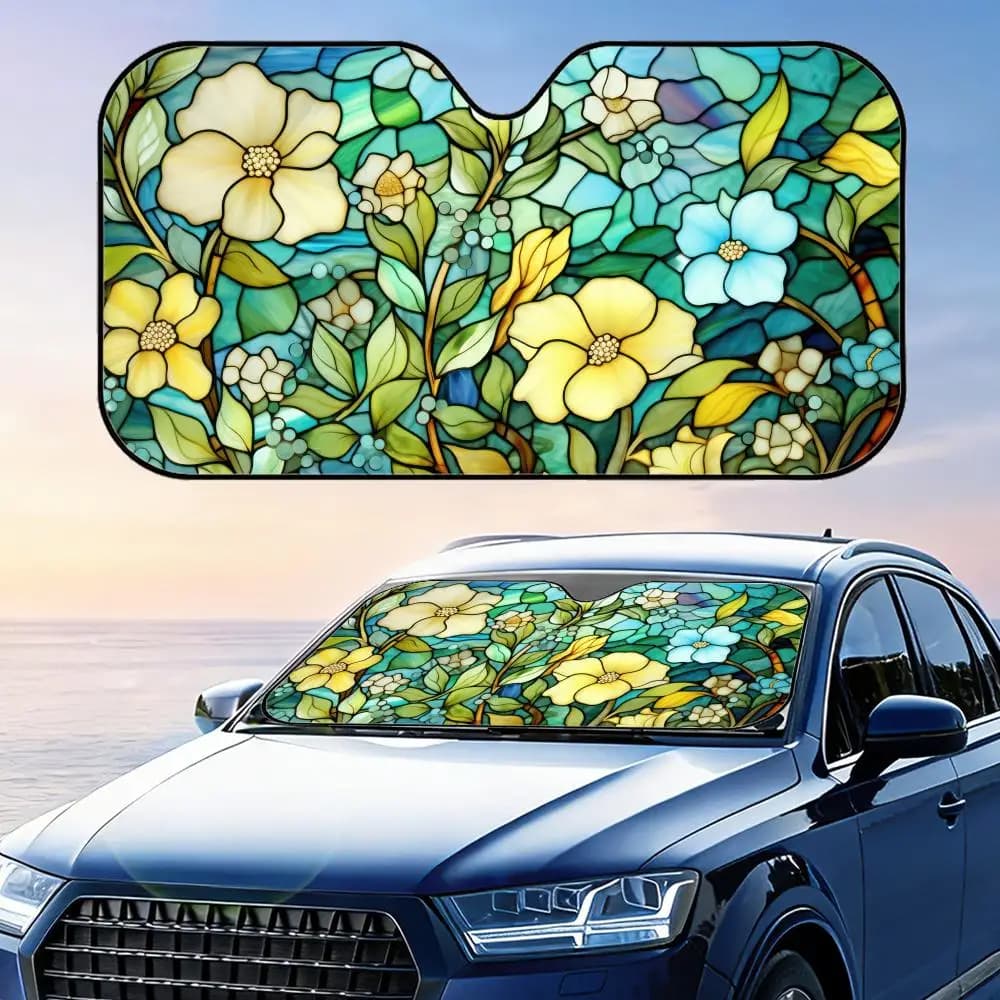 Parasole per Auto in Vetro Colorato con Motivi Floreali, Pieghevole, Universale, Protezione UV, Isolamento Termico, Copertura Richiudibile