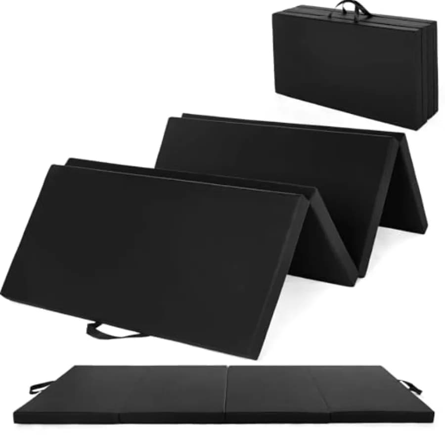 Foldable portable gymnastics pad in four parts for home workouts, yoga, pilates, aerobics, martial arts; 2 inch thick EVA foam; black; light