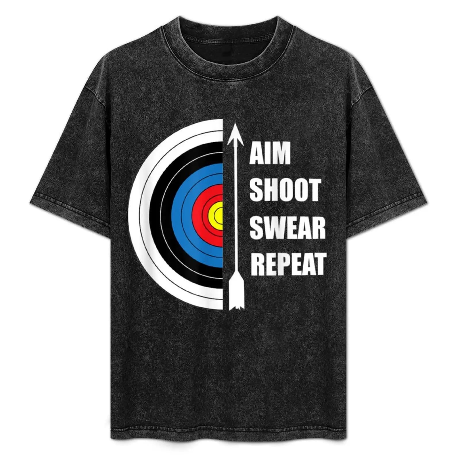 T-shirt divertente con stampa 'Archery Aim Shoot Swear Repeat Target Arrow', taglie forti, top casual semplice