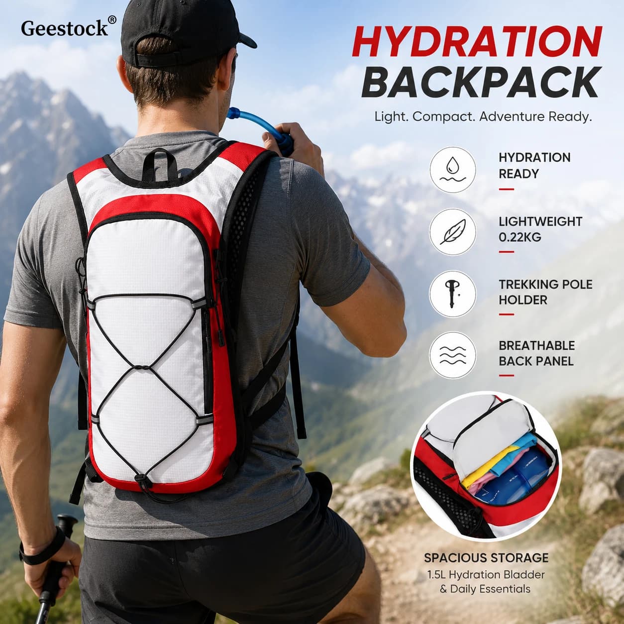 Geestock Lightweight Outdoor Hydration Backpack Water Bladder Pack Trekking Pole Holder For Men Women Hiking Cycling Running