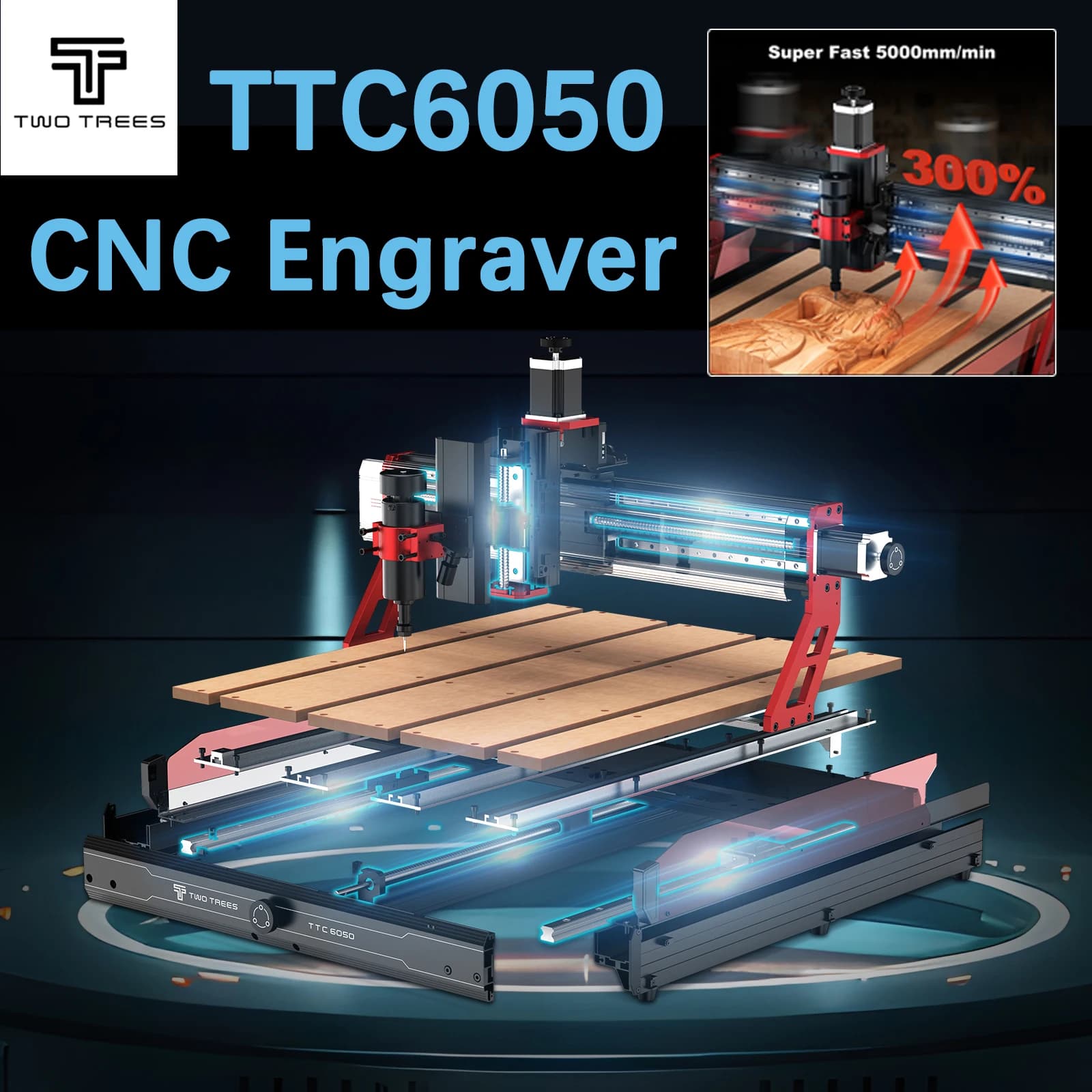 Twotrees 3-axis CNC Engraver 4 axis TTC6050 CNC Router 600x500mm Laser Engraving Machine for Metal Wood Glass PCB PVC DMF Cutting