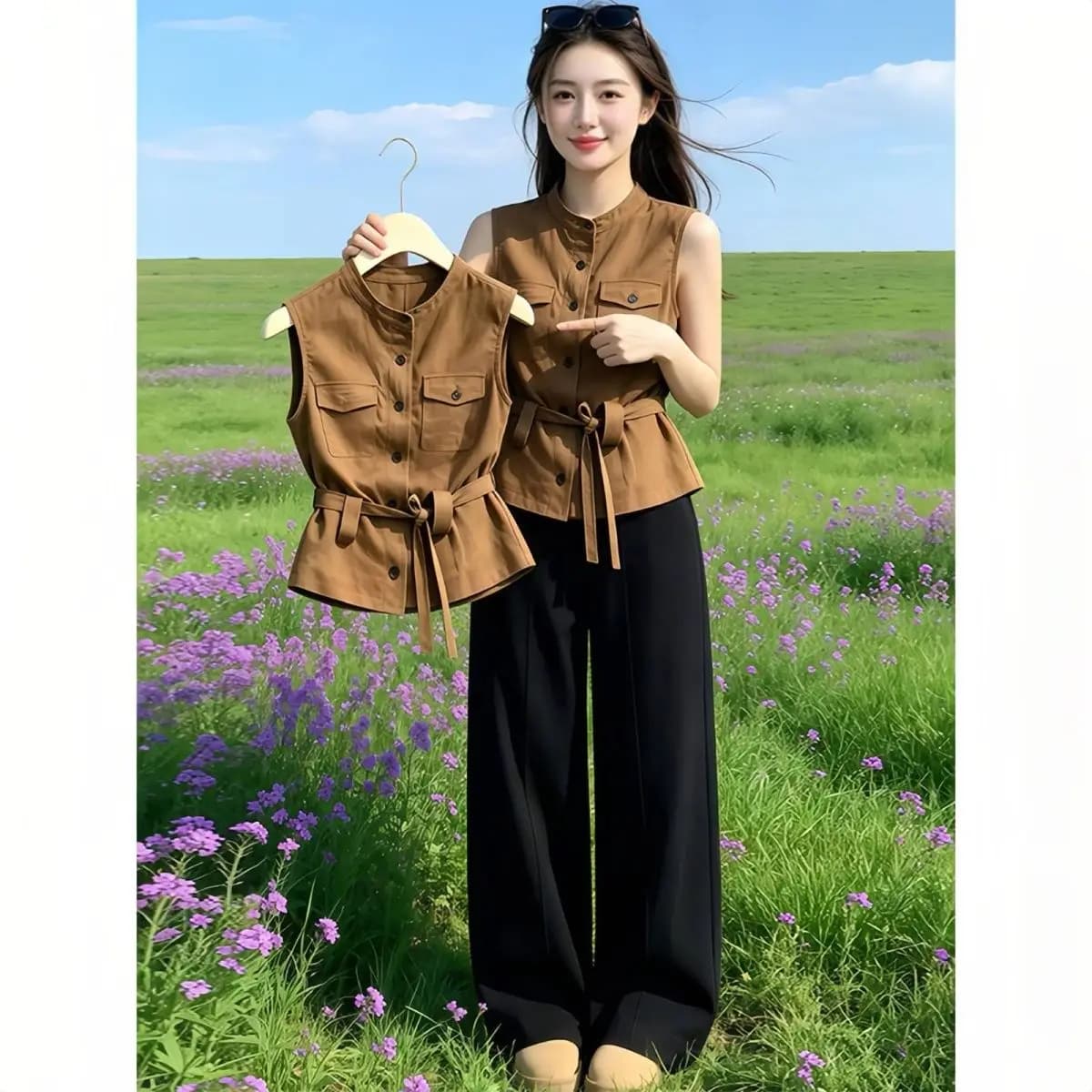 Elegant Belted Sleeveless Vest Women's Summer Fashion Design Age-Defying Old Money Style Casual Loose Polyester Blend Top