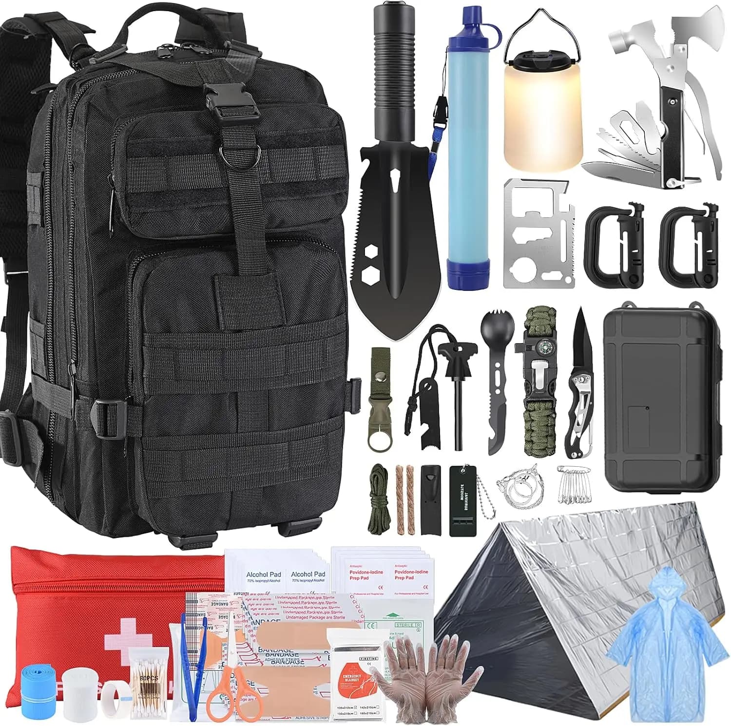 Kit di sopravvivenza da 258 pezzi con filtro per l'acqua, tenda di emergenza, lanterna a LED, forniture di primo soccorso e zaino da 25 litri per il campeggio all'aperto