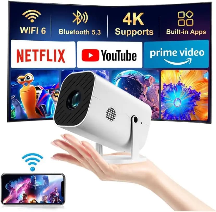 Mini Proiettore 1080P con WiFi 6 e Bluetooth 5.3, App Integrate, Messa a Fuoco Elettrica, 210 ° Rotazione, schermo da 200''